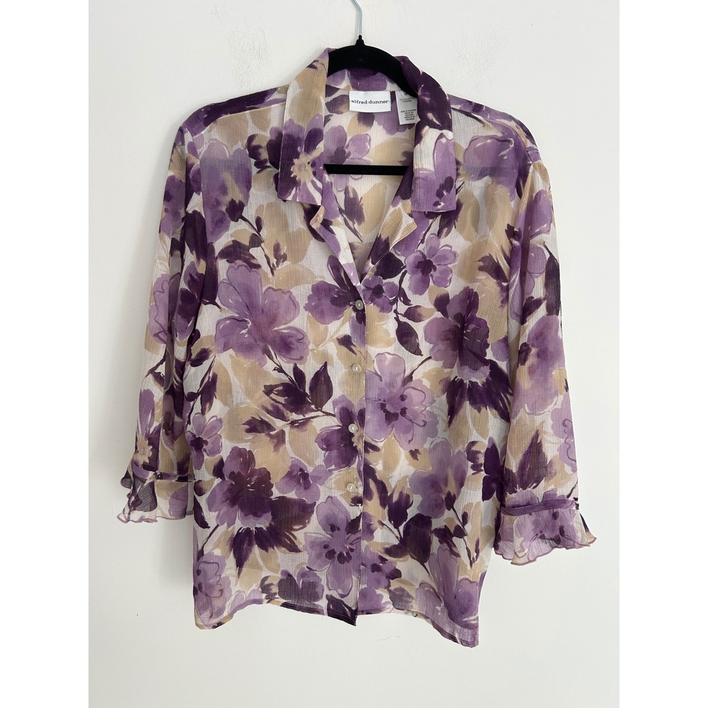 Alfred Dunner Feminine Purple Floral Chiffon Blouse 3/4 Sleeve Ruffle Cuff Sz 16